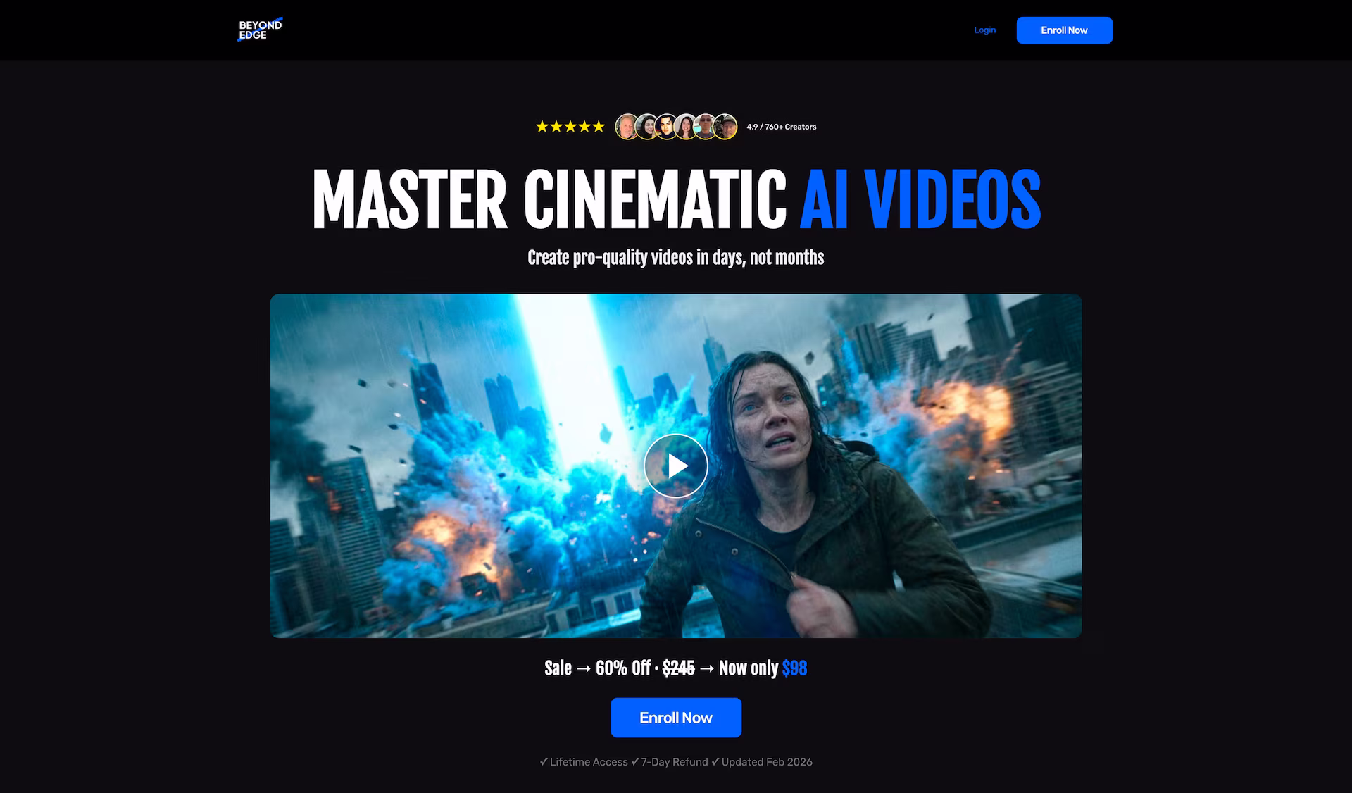 BeyondEdge landing page hero section, showing cinematic AI-generated video output above the fold