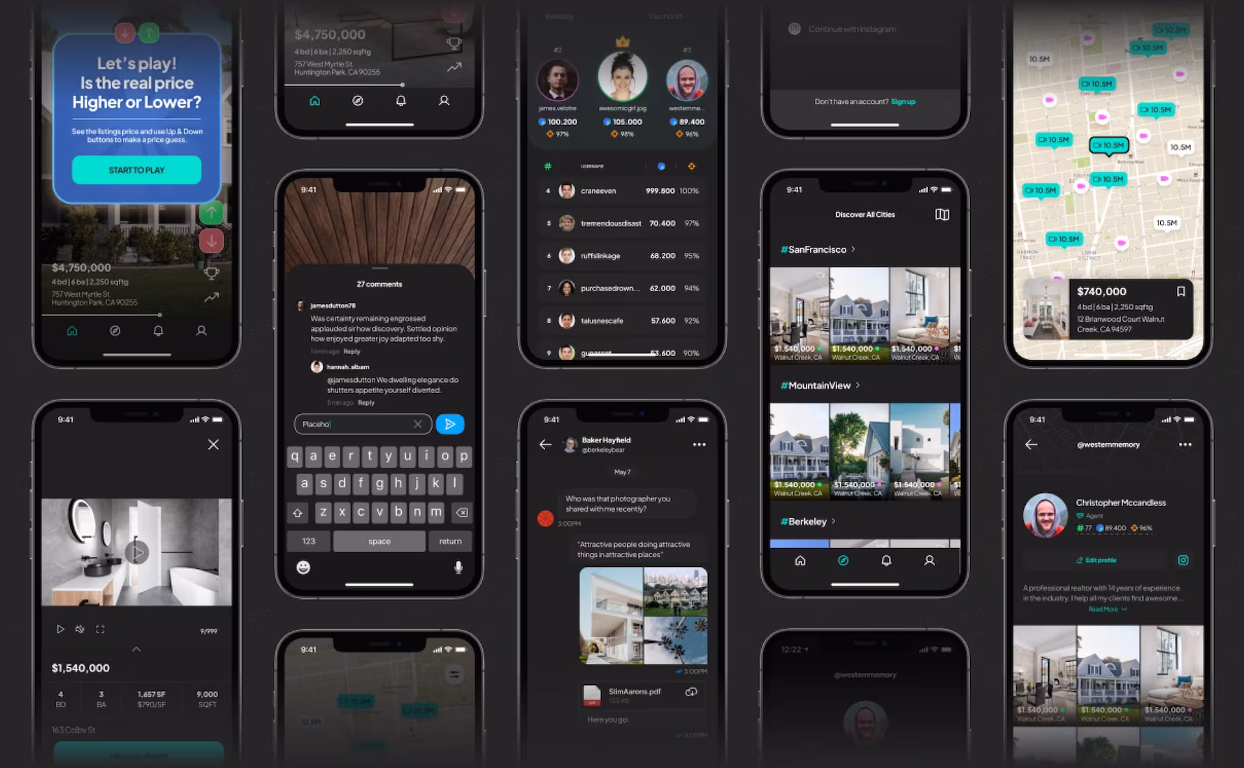 Playhouse screens for the price-guessing game, comments, city grid, map pins and an agent profile