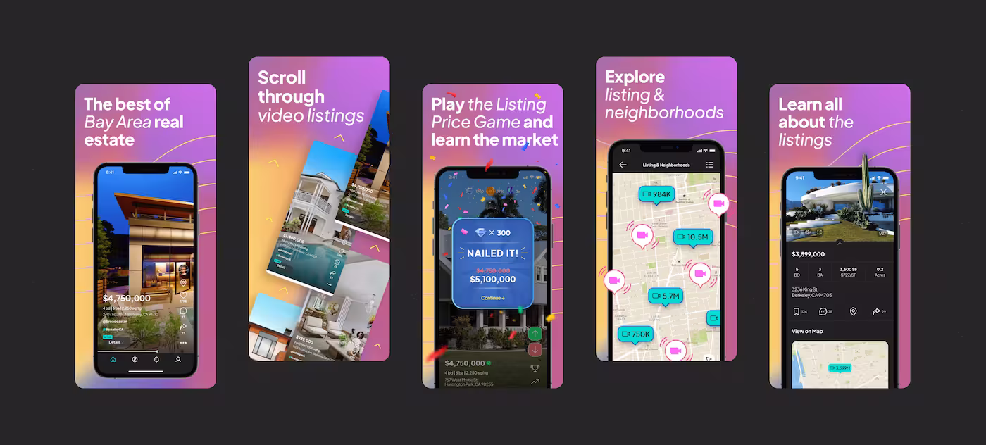 Five App Store preview screens for Playhouse with marketing captions over each