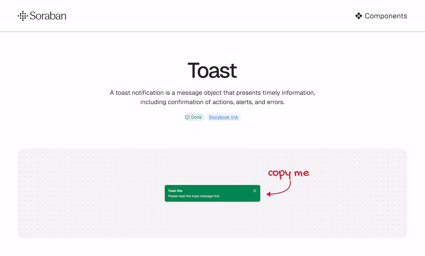 Overview frame for the Toast component page, showing usage and anatomy