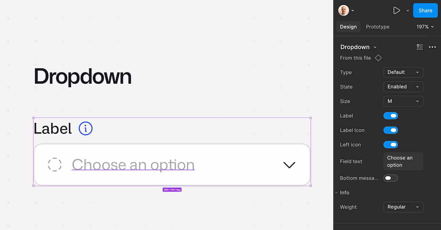 Figma properties panel for the Dropdown component, showing its built-in toggles and settings